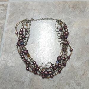 Purple Faux Pearl Iridescent Bead Multi Strand Statement Necklace Adjustable